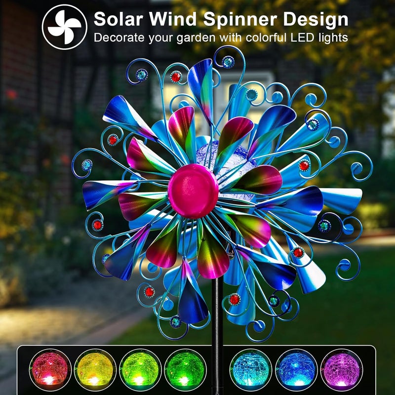 MXwcy 60'' Wind Spinner with Color Glass Ball Solar Lights, Blue Peacock Feathers Metal Garden Outdoor Decor Yard Lawn Art Decor for Patio Kinetic Windmills Unique Gifts for Friends and Family - Image 2